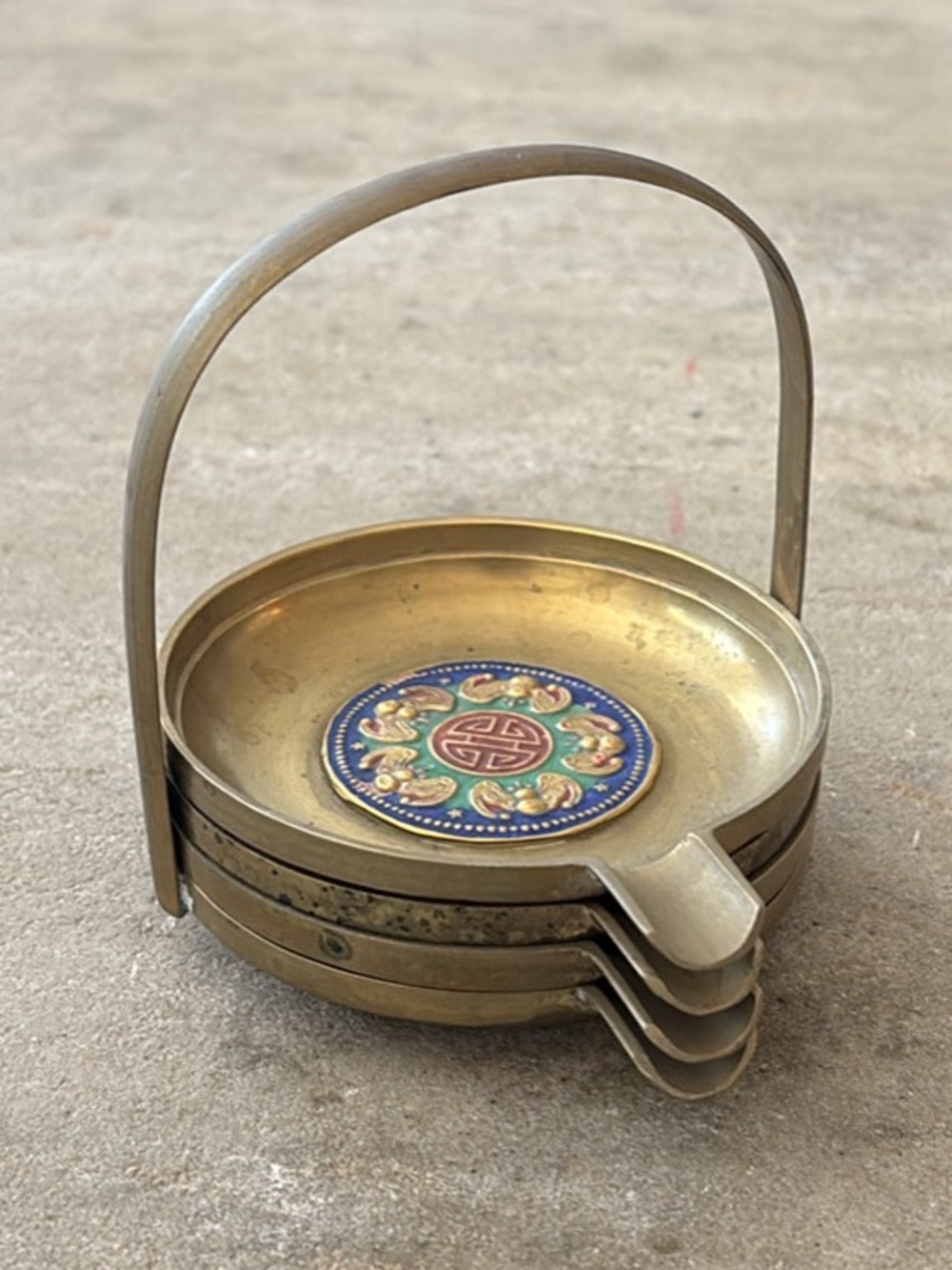 Vintage Brass Stacking  Ashtrays with Handle and Cloisonné Medallions Lot of 4